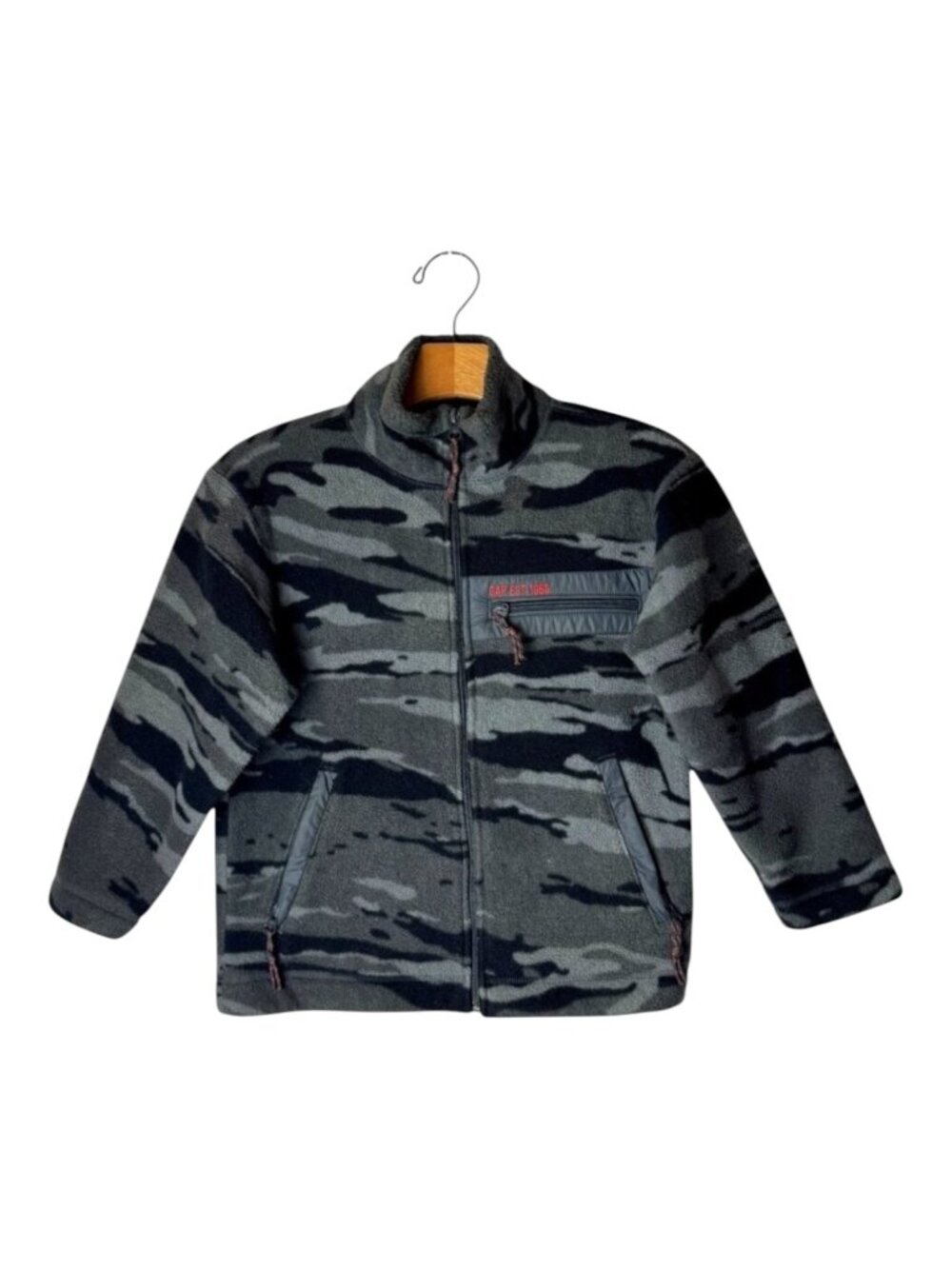 Gap Kids Jacket Boys Small Gray Black Camo‎ Fleece Full Zip Coat Teddy Outdoor